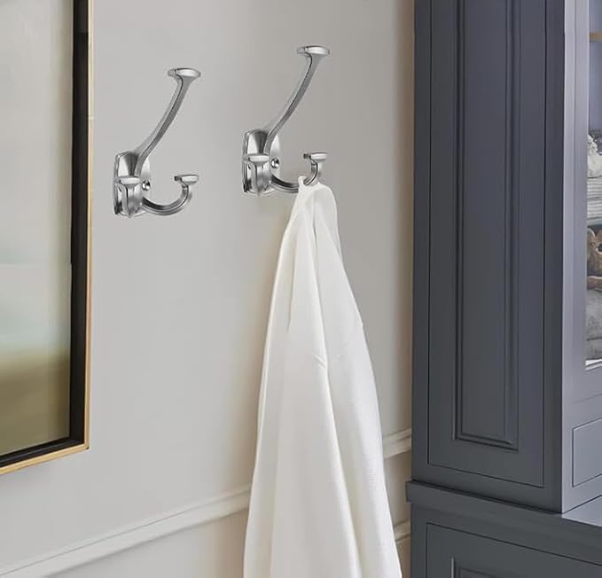 10 Pack Brushed Satin Nickel Hooks Large Wall Mounted Decorative Solid Heavy-Duty Double-Sided Coat Hooks for Hanging Towels Coats Robes Towels Bag Bathroom Wall Hooks