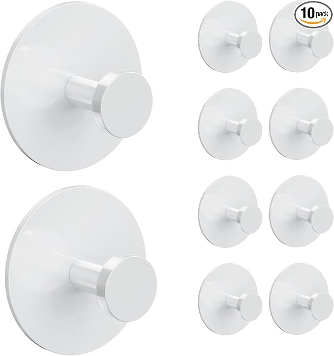 10 Pack Adhesive Wall Hook for Coat and Towel: Extra Sticky 12 LB (Max), Stainless Coat Rack Door Holder Hanger, White Heavy Duty