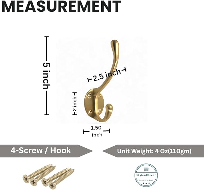 (Pack of 5) Soild Brass Wall Hooks for Hanging, Antique Brass Coat Hooks Wall Mounted, Hooks for Living Room, Bathroom, Kitchen, Bedroom for Coat, Bag, Scarf, Towel, Hat, Key