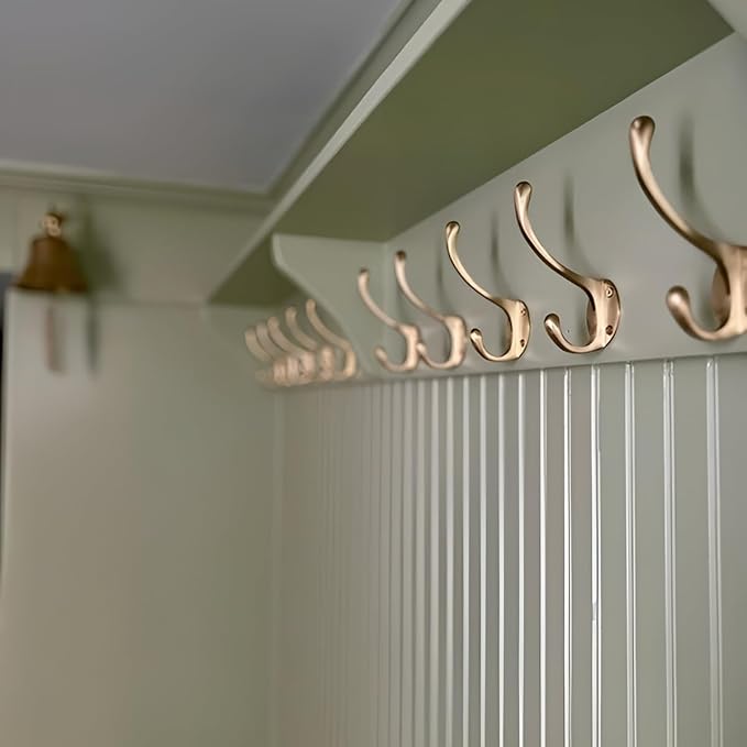 (Pack of 5) Soild Brass Wall Hooks for Hanging, Antique Brass Coat Hooks Wall Mounted, Hooks for Living Room, Bathroom, Kitchen, Bedroom for Coat, Bag, Scarf, Towel, Hat, Key
