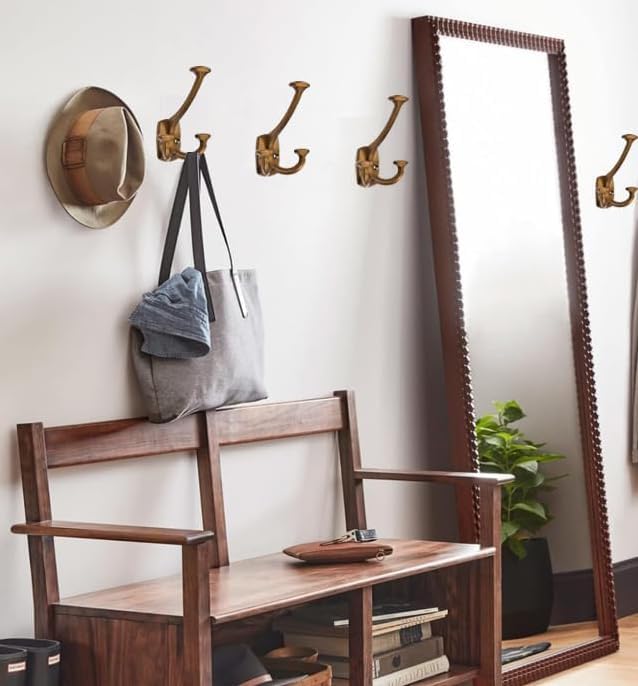 10 Pack Antique Brass Hooks Large Wall Mounted Solid Heavy-Duty Decorative Double-Sided Coat Hooks for Coats,Hats,Backpacks,Bags Closet,Entryway,Laundry Room,Office