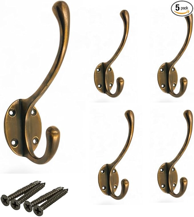(Pack of 5) Soild Brass Wall Hooks for Hanging, Antique Brass Coat Hooks Wall Mounted, Hooks for Living Room, Bathroom, Kitchen, Bedroom for Coat, Bag, Scarf, Towel, Hat, Key