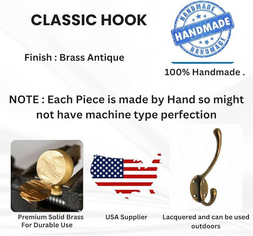 (Pack of 5) Soild Brass Wall Hooks for Hanging, Antique Brass Coat Hooks Wall Mounted, Hooks for Living Room, Bathroom, Kitchen, Bedroom for Coat, Bag, Scarf, Towel, Hat, Key