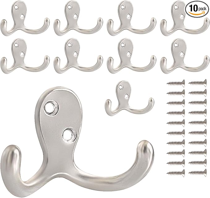 10 Pack Coat Hooks Wall Hooks for Hanging, Heavy Duty Double Prong Metal Hook Wall Mounted for Living Room, Bathroom, Kitchen, Bedroom for Coat, Bag, Scarf, Towel, Hat, Key, Cup (Silver)