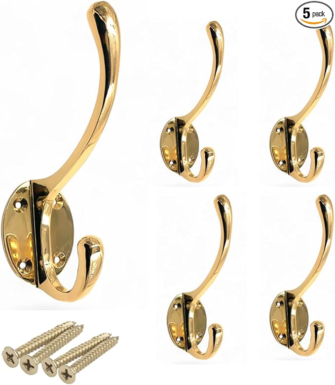 (Pack of 5) Soild Brass Wall Hooks for Hanging, Antique Brass Coat Hooks, Hooks for Living Room, Bathroom, Kitchen, Bedroom for Coat, Bag, Scarf, Towel, Hat, Key,