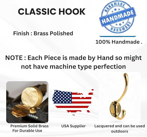 (Pack of 5) Soild Brass Wall Hooks for Hanging, Antique Brass Coat Hooks, Hooks for Living Room, Bathroom, Kitchen, Bedroom for Coat, Bag, Scarf, Towel, Hat, Key,