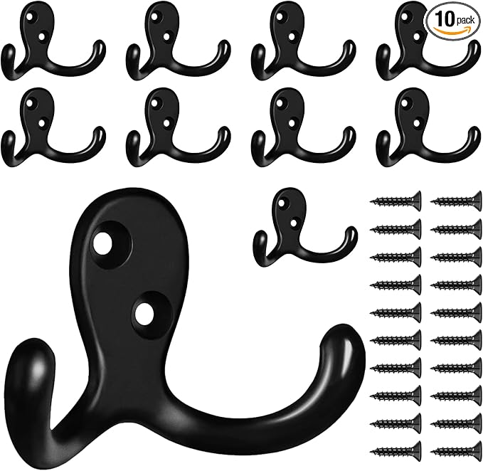 10 Pack Coat Hooks Wall Hooks for Hanging, Heavy Duty Double Prong Metal Hook Wall Mounted for Living Room, Bathroom, Kitchen, Bedroom for Coat, Bag, Scarf, Towel, Hat, Key, Cup (Black)