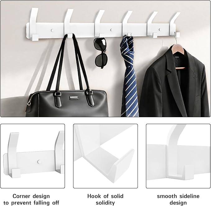 1 Pack Coat Rack Wall Mount,17.3 in Wall Hooks for Hanging, Coat Hanger Wall Mount Towel Rack Hat Rack for Wall with 6 Hooks for Entryway, Bedroom, Bathroom (White, 6 Hooks-1Pack)