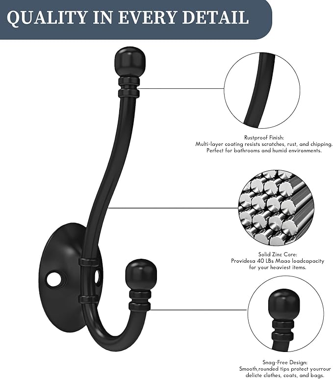 10 Pack Heavy Duty Wall Hooks for Hanging, Metal Coat Hooks Wall Mount, Easy to Install, Ideal for Living Room, Bathroom, Kitchen, Bedroom (Black)