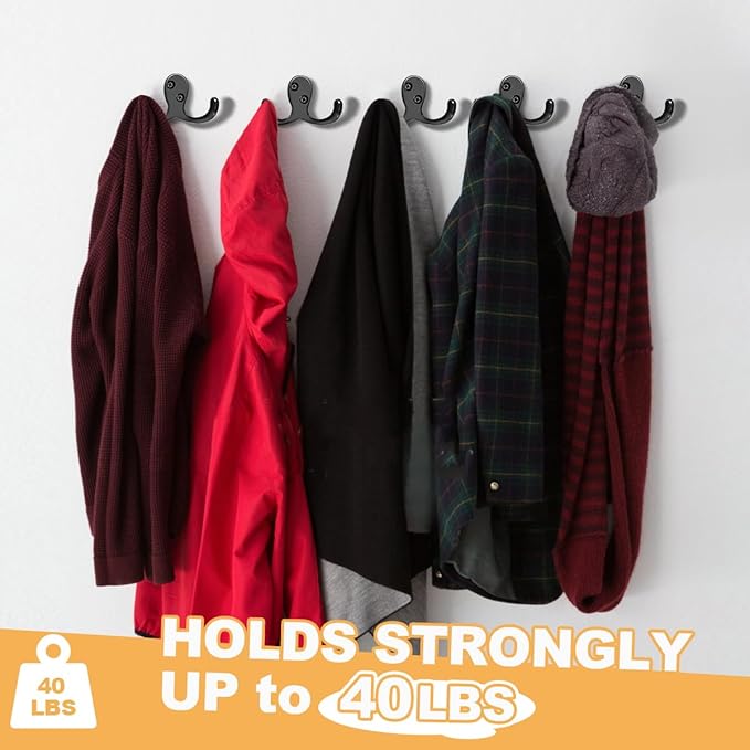 10 Pack Coat Hooks Wall Hooks for Hanging, Heavy Duty Double Prong Metal Hook Wall Mounted for Living Room, Bathroom, Kitchen, Bedroom for Coat, Bag, Scarf, Towel, Hat, Key, Cup (Black)