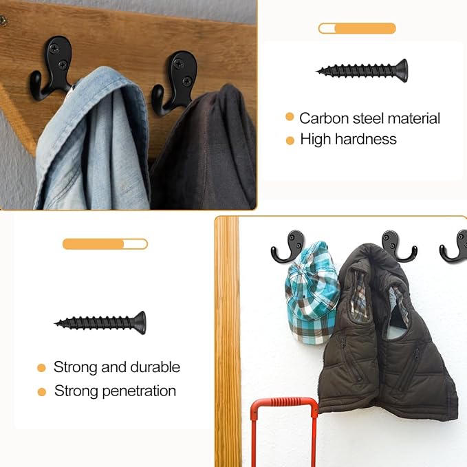 10 Pack Coat Hooks Wall Hooks for Hanging, Heavy Duty Double Prong Metal Hook Wall Mounted for Living Room, Bathroom, Kitchen, Bedroom for Coat, Bag, Scarf, Towel, Hat, Key, Cup (Black)