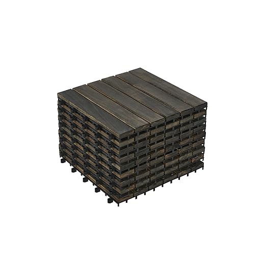 10 PCS Dark Brown Acacia Wood Interlocking Deck Tiles, 12" x 12" Outdoor Striped Pattern Flooring for Patio, Balcony, Porch, Garden, Poolside