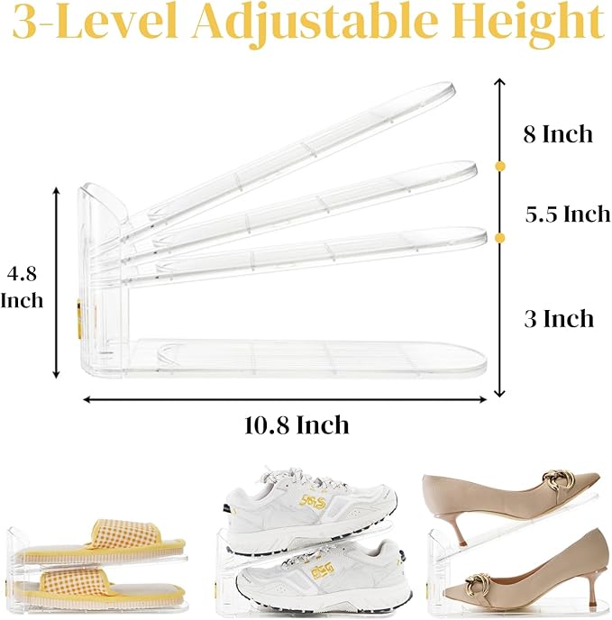 10 Pack Clear Shoe Slot Organizer, 11" Adjustable Shoes Stacker for Closet, Double Deck Display Shelf for a Pair of Shoes, Anti-slip Shoe Rack Holder Storage Space Saver
