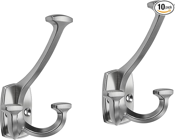 10 Pack Brushed Satin Nickel Hooks Large Wall Mounted Decorative Solid Heavy-Duty Double-Sided Coat Hooks for Hanging Towels Coats Robes Towels Bag Bathroom Wall Hooks