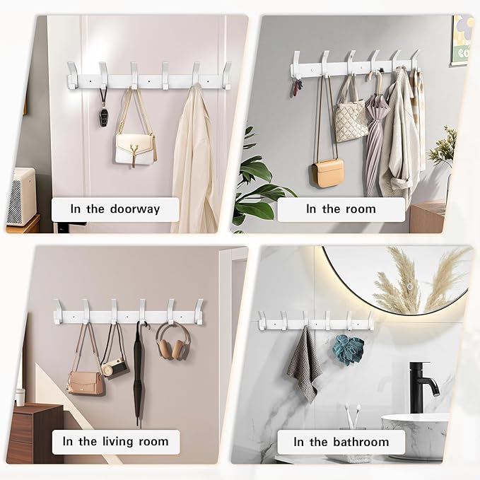 1 Pack Coat Rack Wall Mount,17.3 in Wall Hooks for Hanging, Coat Hanger Wall Mount Towel Rack Hat Rack for Wall with 6 Hooks for Entryway, Bedroom, Bathroom (White, 6 Hooks-1Pack)