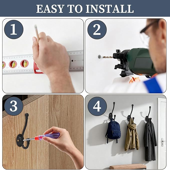 10 Pack Heavy Duty Wall Hooks for Hanging, Metal Coat Hooks Wall Mount, Easy to Install, Ideal for Living Room, Bathroom, Kitchen, Bedroom (Black)