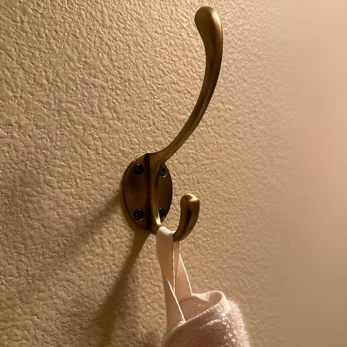 (Pack of 5) Soild Brass Wall Hooks for Hanging, Antique Brass Coat Hooks Wall Mounted, Hooks for Living Room, Bathroom, Kitchen, Bedroom for Coat, Bag, Scarf, Towel, Hat, Key