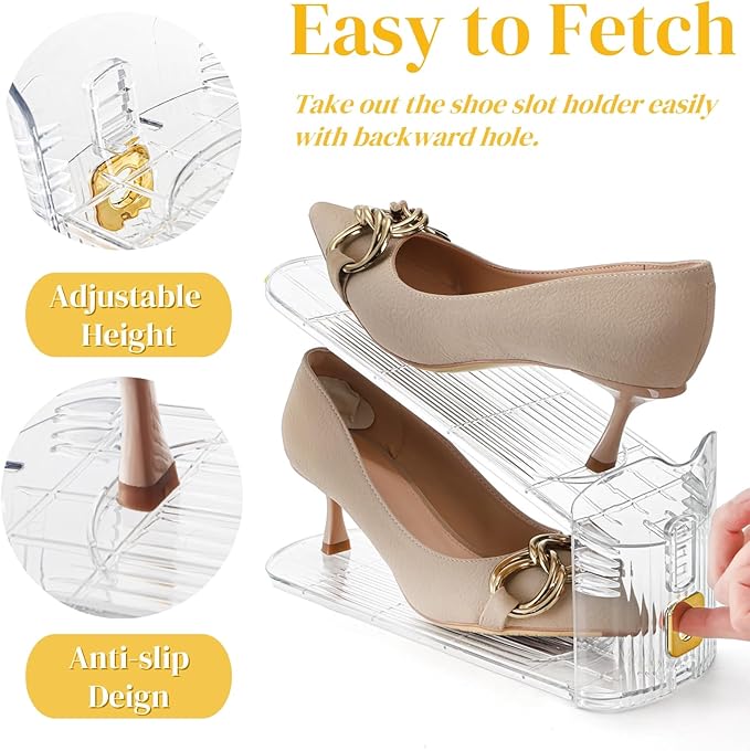 10 Pack Clear Shoe Slot Organizer, 11" Adjustable Shoes Stacker for Closet, Double Deck Display Shelf for a Pair of Shoes, Anti-slip Shoe Rack Holder Storage Space Saver