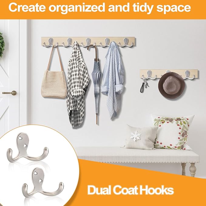 10 Pack Coat Hooks Wall Hooks for Hanging, Heavy Duty Double Prong Metal Hook Wall Mounted for Living Room, Bathroom, Kitchen, Bedroom for Coat, Bag, Scarf, Towel, Hat, Key, Cup (Silver)