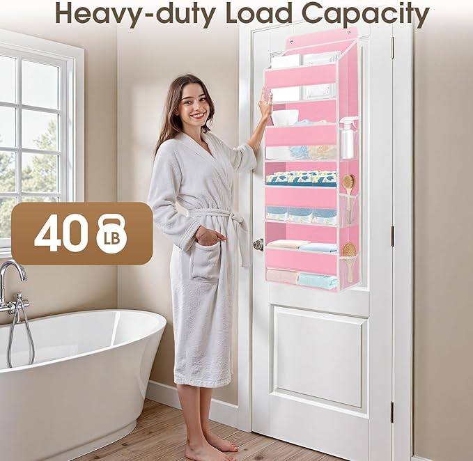 1 Pack Over The Door Organizer Hanging Storage Organizers with Clear Window 40lb Large Capacity Room Organizer for Pantry Laundry Bathroom Nursery Closet(Pink)