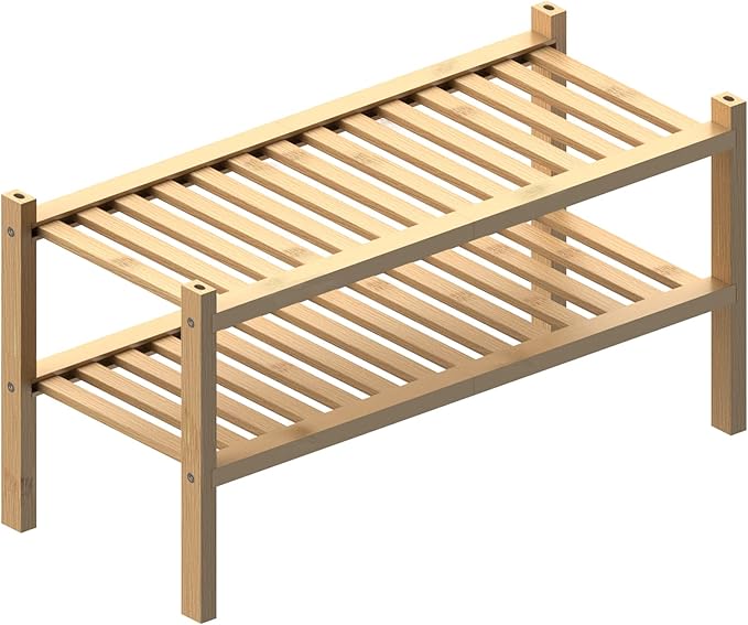 (Thick Bamboo Shoe Rack for Entryway, 2-Tier Free Standing Shoe Racks Stackable Shoe Rack Organizer for Hallway Closet Living Room 27 x12 x14 Inches