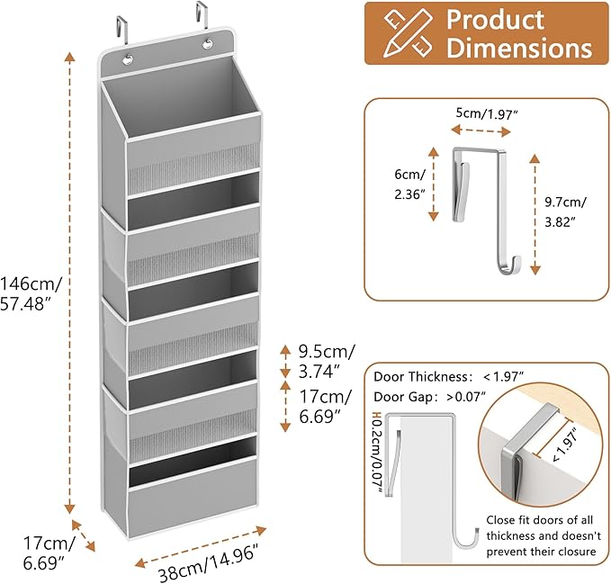1 Pack 5-Tier Over the Door Organizer, Heavy-Duty Large Deep Pocket Hanging With 5 Large Front & 6 Side Pockets With for Pantry, Kitchen, Bathroom, Dorm, Grey