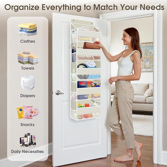1 Pack Over The Door Organizer, Hanging Storage Organizer with Clear Window, 40lb Ultra Sturdy Large Capacity Room Organizer for Pantry Bathroom Nursery Closet Baby Essential (Beige)