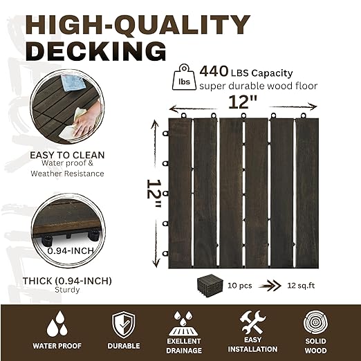 10 PCS Interlocking Deck Tiles, Solid Wood Patio Flooring Outdoor Waterproof, 12"x12"x0.8" Acacia Wood Tiles, Patio Tiles for Garden,Porch,Balcony,Poolside（Spiral & Dark Grey）