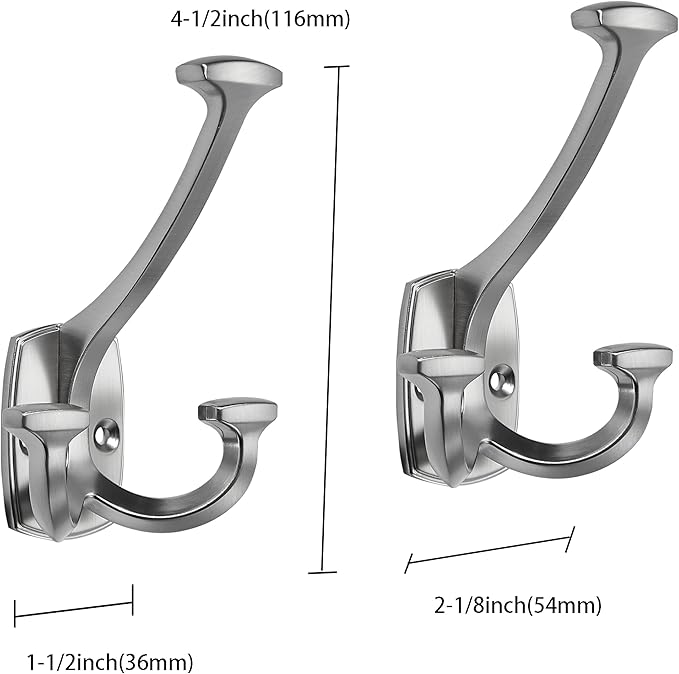 10 Pack Brushed Satin Nickel Hooks Large Wall Mounted Decorative Solid Heavy-Duty Double-Sided Coat Hooks for Hanging Towels Coats Robes Towels Bag Bathroom Wall Hooks