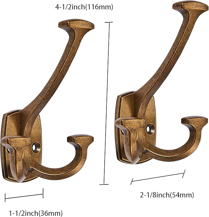 10 Pack Antique Brass Hooks Large Wall Mounted Solid Heavy-Duty Decorative Double-Sided Coat Hooks for Coats,Hats,Backpacks,Bags Closet,Entryway,Laundry Room,Office