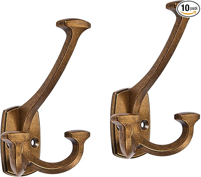 10 Pack Antique Brass Hooks Large Wall Mounted Solid Heavy-Duty Decorative Double-Sided Coat Hooks for Coats,Hats,Backpacks,Bags Closet,Entryway,Laundry Room,Office