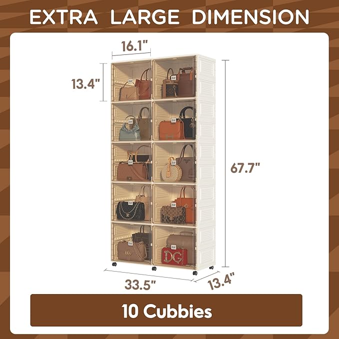 10 Cubbies Handbag Storage Organizer for Closet, Purse Organizer Cabinet with Magnetic Doors & Wheels, Foldable One-Piece Transparent Storage Box for Bags, Boots, Clothes, Toys, Books