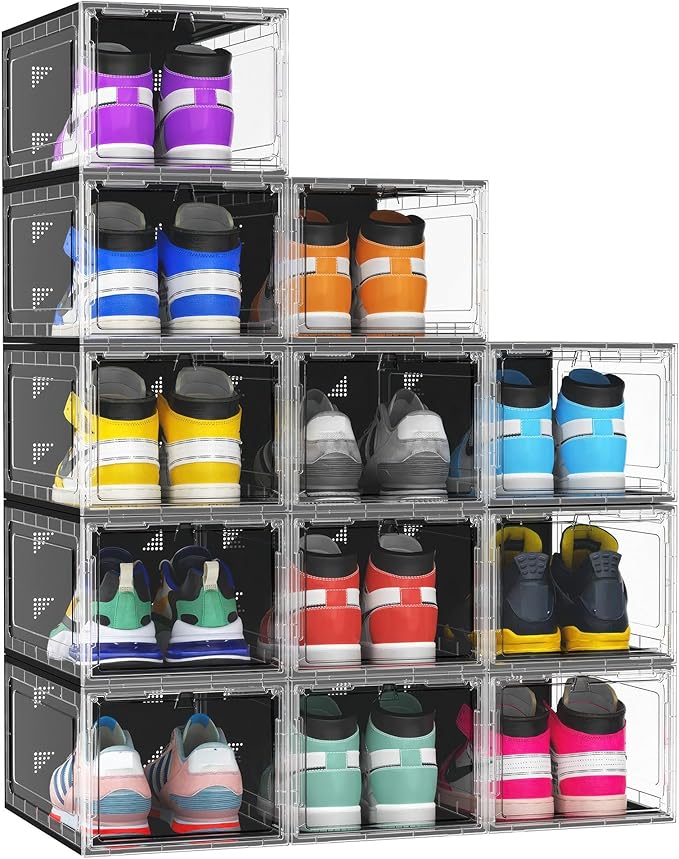 10 Pack Hard Sturdy Thickened Rigid XX Large Shoe Storage Organizer for Closet, Clear Stackable Sneaker Shoe Boxes Rack Containers Display Case Bins with Lids, Black Clear02