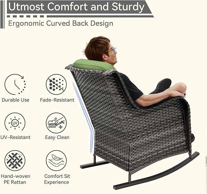 1 PC Outdoor Rocking Chair, Wicker Patio Rocker Chair for Yard, Porch, Mixed Brown Grey Rattan, Green Cushions