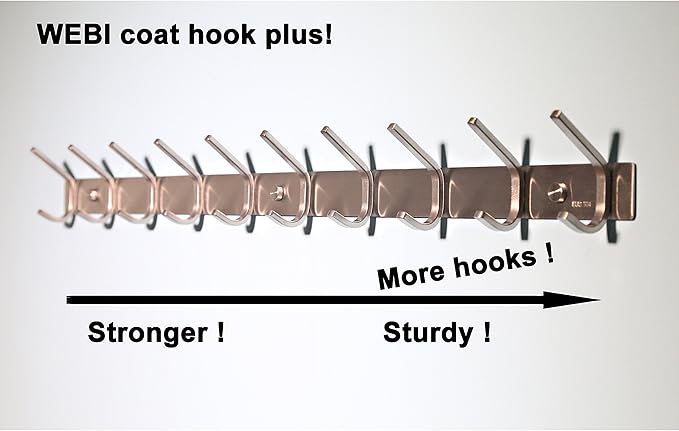 10 Hooks,WEBI Heavy Duty Stainless Steel 304 Hook Rail Coat Rack with 10 Hooks, Satin Finish, Great Home Storage & Organization for Bedroom, Bathroom, Foyers, Hallways,2Packs