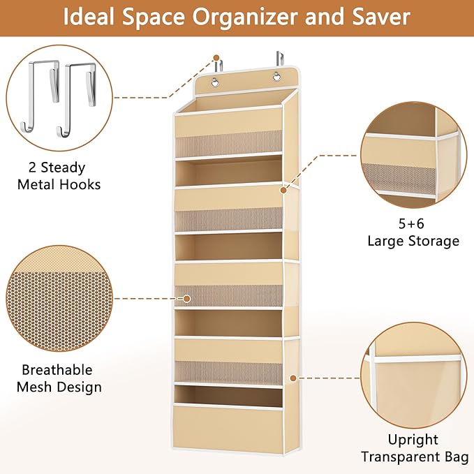 1 Pack 5-Tier Over the Door Organizer, Heavy-Duty Large Deep Pocket Hanging With 5 Large Front & 6 Side Pockets With for Pantry, Kitchen, Bathroom, Dorm, Beige