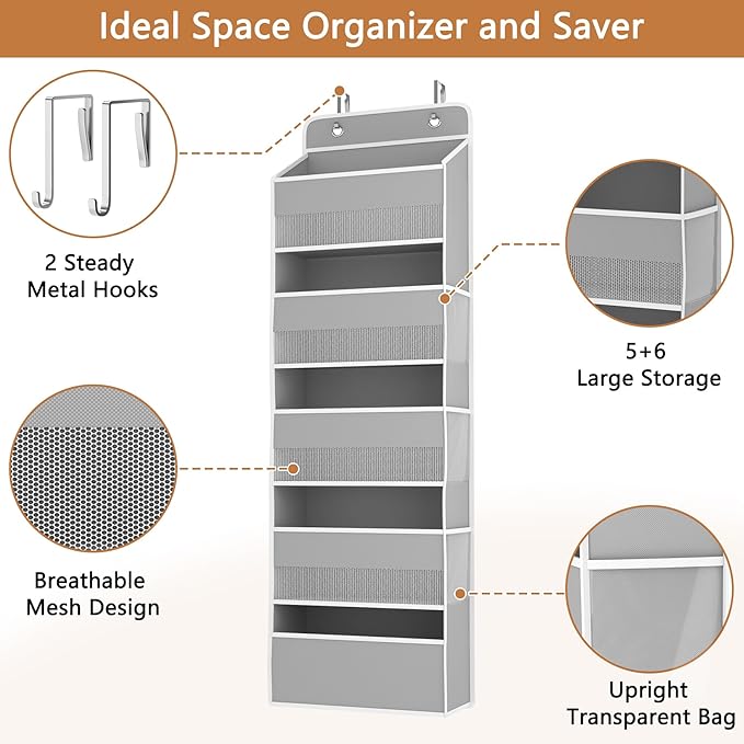 1 Pack 5-Tier Over the Door Organizer, Heavy-Duty Large Deep Pocket Hanging With 5 Large Front & 6 Side Pockets With for Pantry, Kitchen, Bathroom, Dorm, Grey