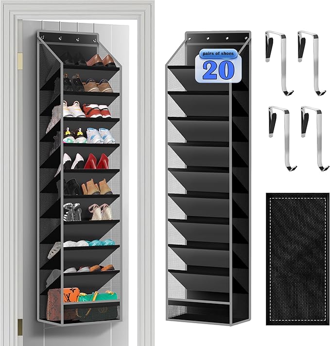 10 - Pocket Over - the - Door Hanging Shoe Organizers & Rack, Made of Sturdy 600D Oxford + Non - Woven Fabric, Space - Saving Storage for Shoes, Boots & More (Black)