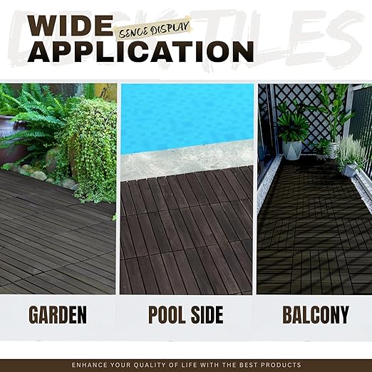 10 PCS Dark Brown Acacia Wood Interlocking Deck Tiles, 12" x 12" Outdoor Striped Pattern Flooring for Patio, Balcony, Porch, Garden, Poolside