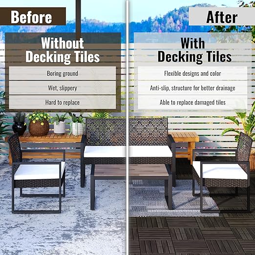 10 PCS Dark Brown Acacia Wood Interlocking Deck Tiles, 12" x 12" Outdoor Striped Pattern Flooring for Patio, Balcony, Porch, Garden, Poolside