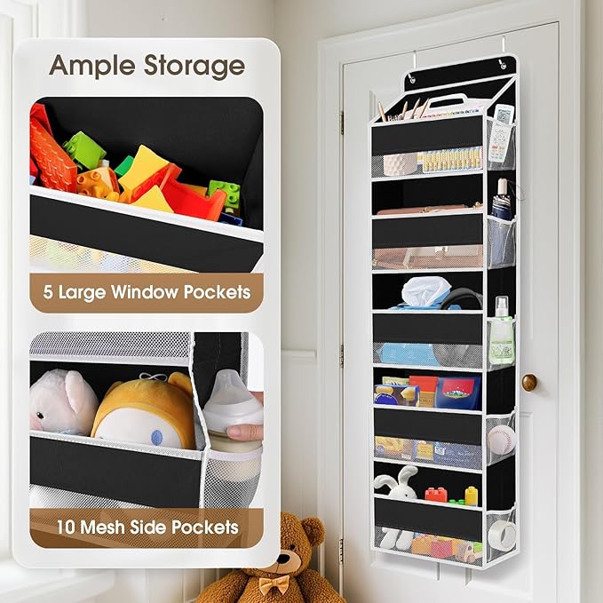 1 Pack Over The Door Organizer, Hanging Storage Organizer with Clear Window, 40lb Ultra Sturdy Large Capacity Room Organizer for Pantry Laundry Bathroom Nursery Closet (Black)