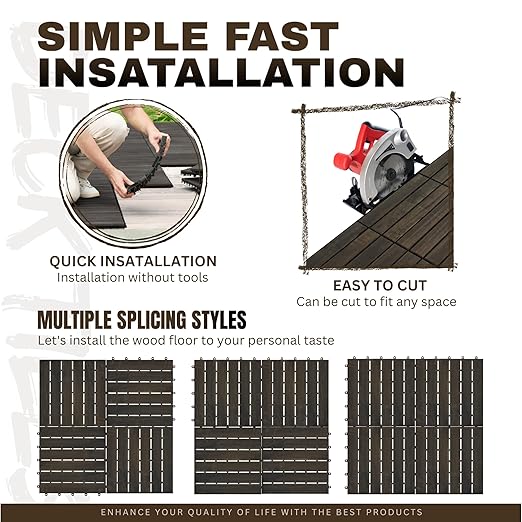 10 PCS Dark Brown Acacia Wood Interlocking Deck Tiles, 12" x 12" Outdoor Striped Pattern Flooring for Patio, Balcony, Porch, Garden, Poolside