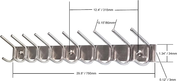 10 Hooks,WEBI Heavy Duty Stainless Steel 304 Hook Rail Coat Rack with 10 Hooks, Satin Finish, Great Home Storage & Organization for Bedroom, Bathroom, Foyers, Hallways,2Packs
