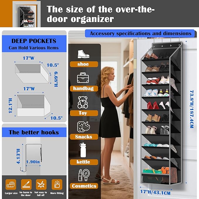 10 - Pocket Over - the - Door Hanging Shoe Organizers & Rack, Made of Sturdy 600D Oxford + Non - Woven Fabric, Space - Saving Storage for Shoes, Boots & More (Black)