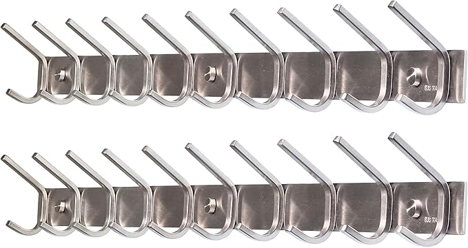 10 Hooks,WEBI Heavy Duty Stainless Steel 304 Hook Rail Coat Rack with 10 Hooks, Satin Finish, Great Home Storage & Organization for Bedroom, Bathroom, Foyers, Hallways,2Packs