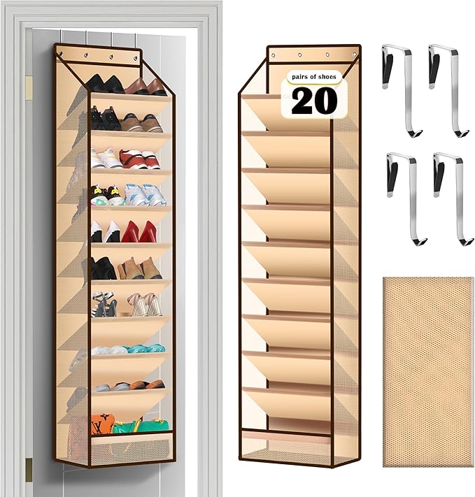 10 - Pocket Over - the - Door Hanging Shoe Organizers & Rack, Made of Sturdy 600D Oxford + Non - Woven Fabric, Space - Saving Storage for Shoes, Boots & More (Cream-colored)
