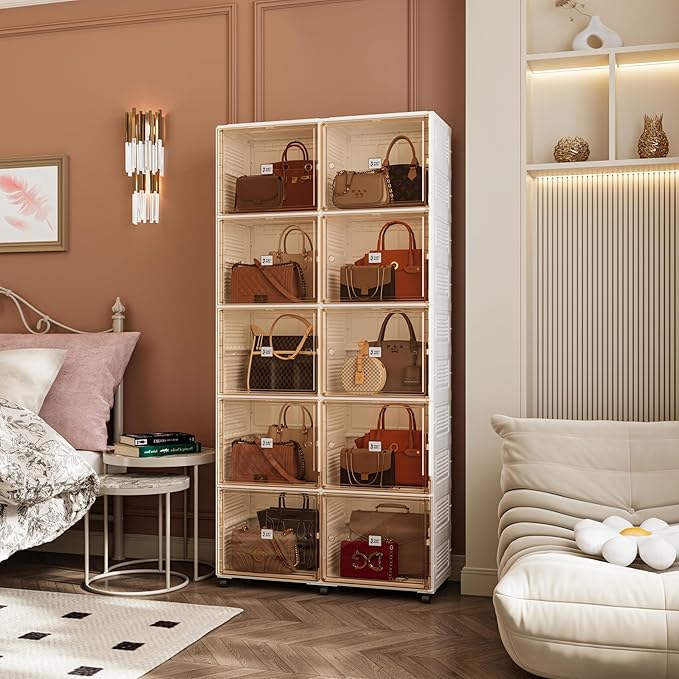 10 Cubbies Handbag Storage Organizer for Closet, Purse Organizer Cabinet with Magnetic Doors & Wheels, Foldable One-Piece Transparent Storage Box for Bags, Boots, Clothes, Toys, Books