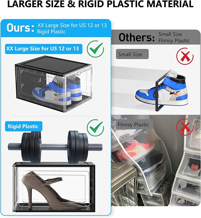 10 Pack Hard Sturdy Thickened Rigid XX Large Shoe Storage Organizer for Closet, Clear Stackable Sneaker Shoe Boxes Rack Containers Display Case Bins with Lids, Black Clear02