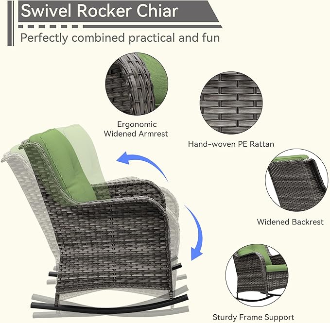 1 PC Outdoor Rocking Chair, Wicker Patio Rocker Chair for Yard, Porch, Mixed Brown Grey Rattan, Green Cushions