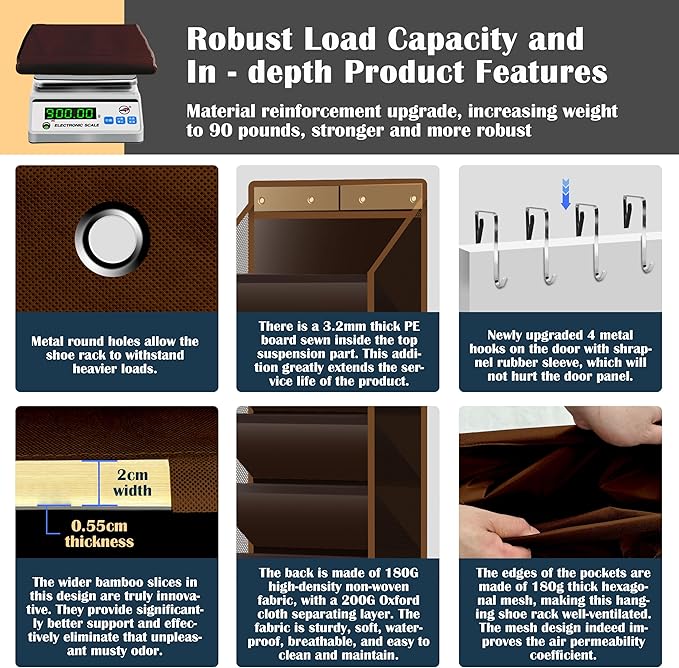 10 - Pocket Over - the - Door Hanging Shoe Organizers & Rack, Made of Sturdy 600D Oxford + Non - Woven Fabric, Space - Saving Storage for Shoes, Boots & More (Dark coffee color)